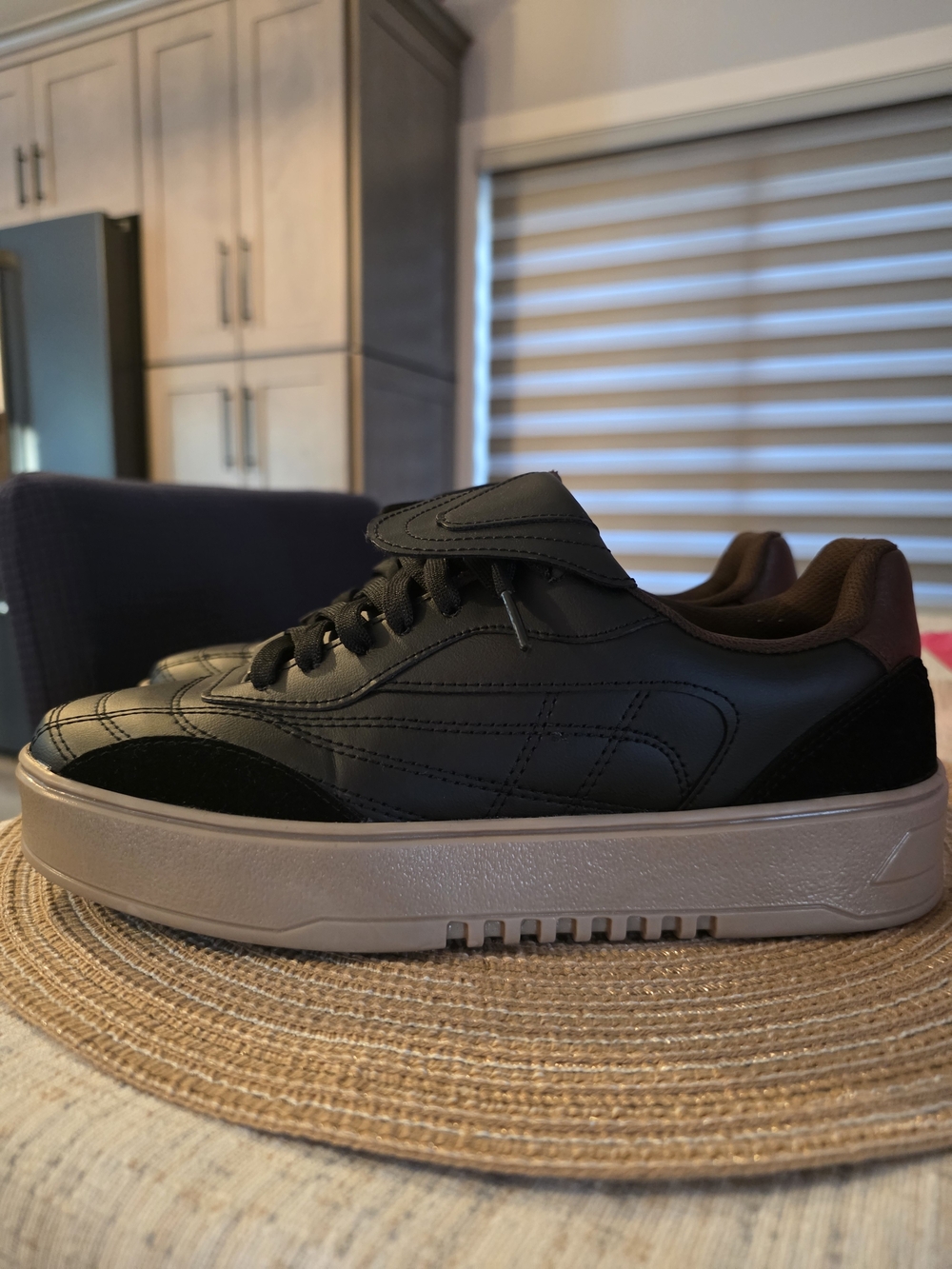 Black Low-Top Leather-Look Sneakers with Taupe Platform Sole